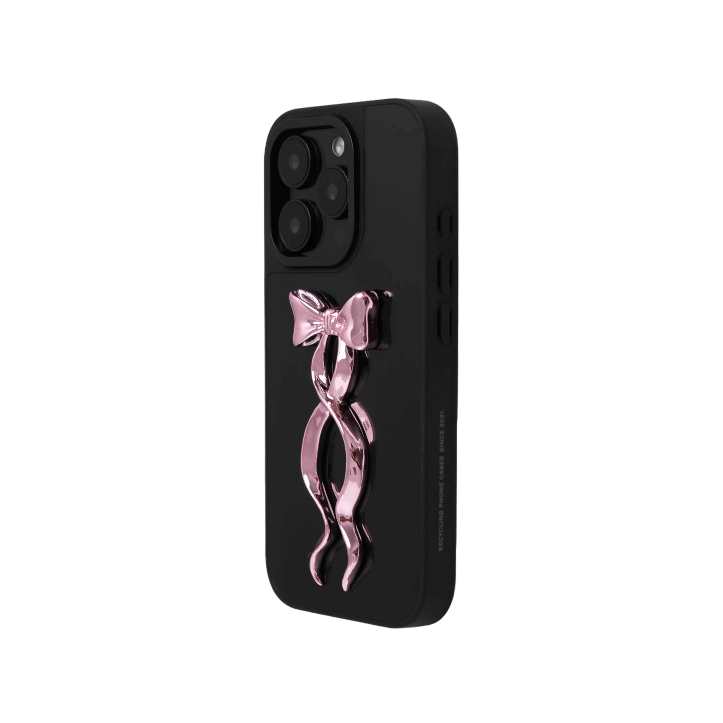 A collection of five clear or silver-based iPhone cases, each featuring a large, centered illustration of a long, stylized ribbon bow. The bows come in five colors: silver, glossy black, white, pink, and purple.