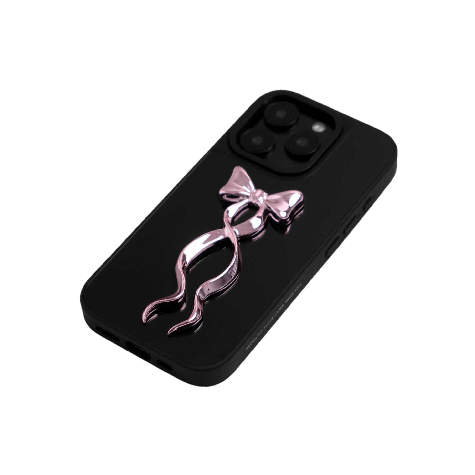 A collection of five clear or silver-based iPhone cases, each featuring a large, centered illustration of a long, stylized ribbon bow. The bows come in five colors: silver, glossy black, white, pink, and purple.