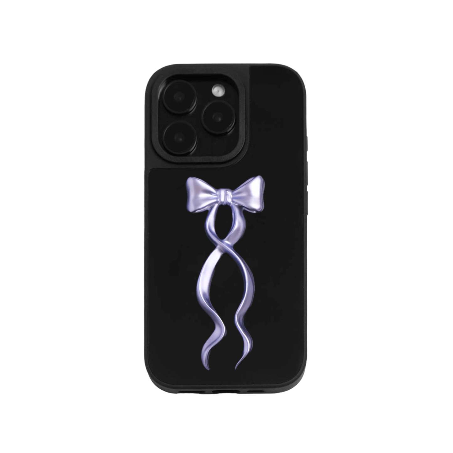 A collection of five clear or silver-based iPhone cases, each featuring a large, centered illustration of a long, stylized ribbon bow. The bows come in five colors: silver, glossy black, white, pink, and purple.
