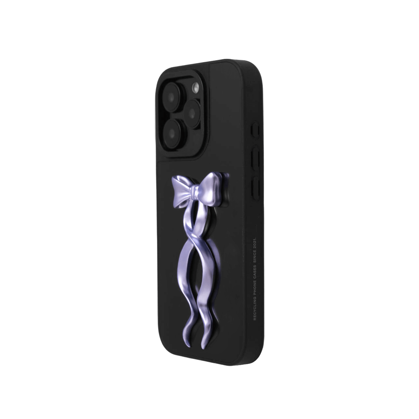 A collection of five clear or silver-based iPhone cases, each featuring a large, centered illustration of a long, stylized ribbon bow. The bows come in five colors: silver, glossy black, white, pink, and purple.