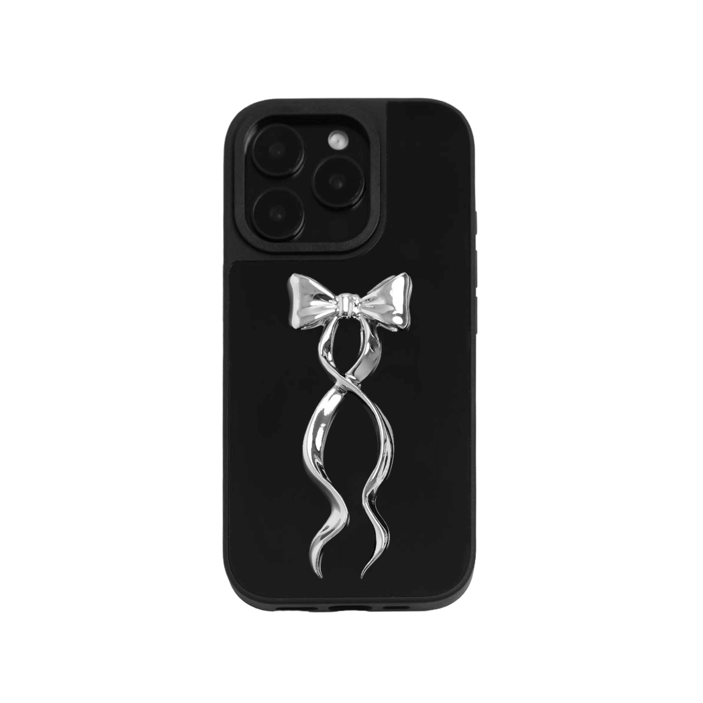 A collection of five clear or silver-based iPhone cases, each featuring a large, centered illustration of a long, stylized ribbon bow. The bows come in five colors: silver, glossy black, white, pink, and purple.