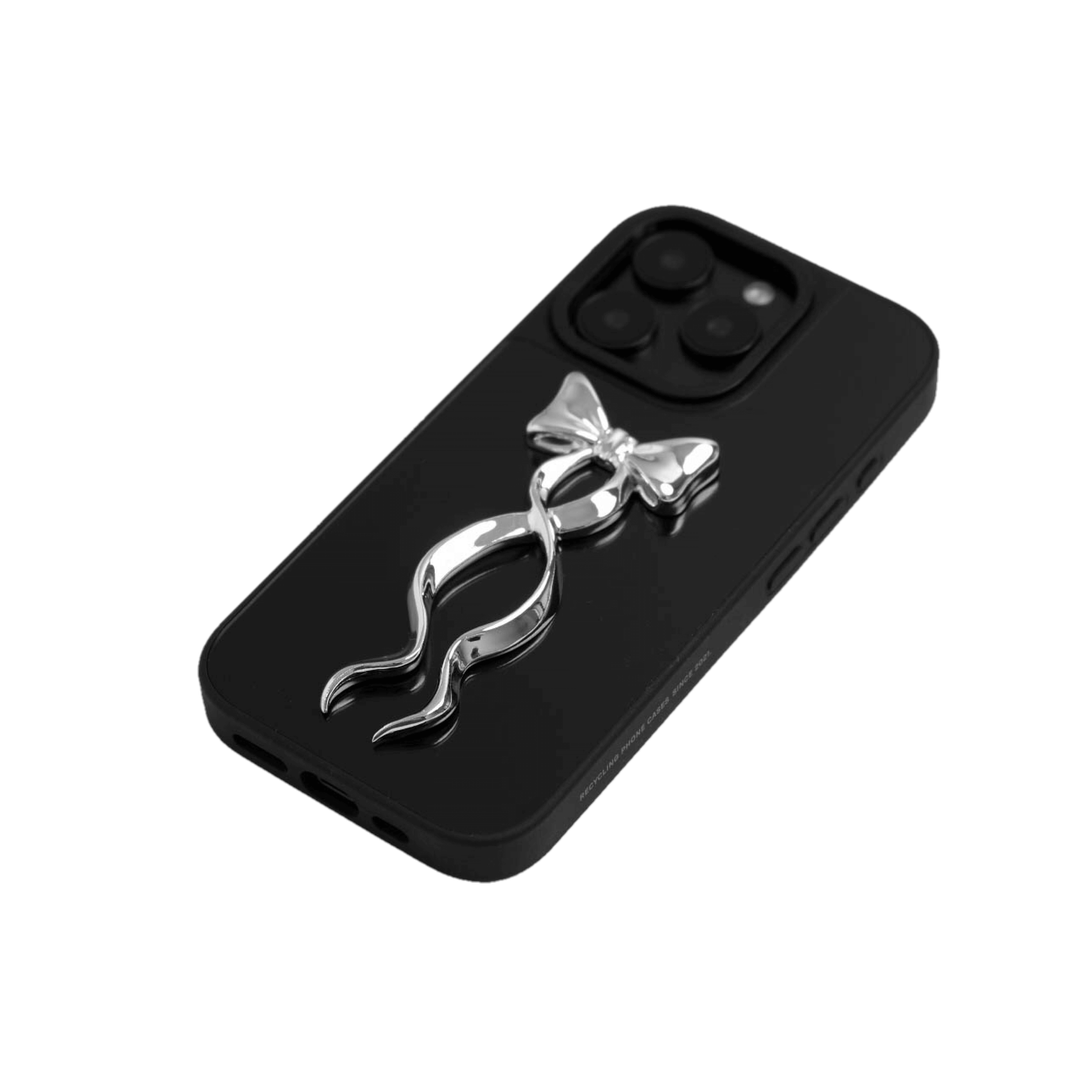 A collection of five clear or silver-based iPhone cases, each featuring a large, centered illustration of a long, stylized ribbon bow. The bows come in five colors: silver, glossy black, white, pink, and purple.