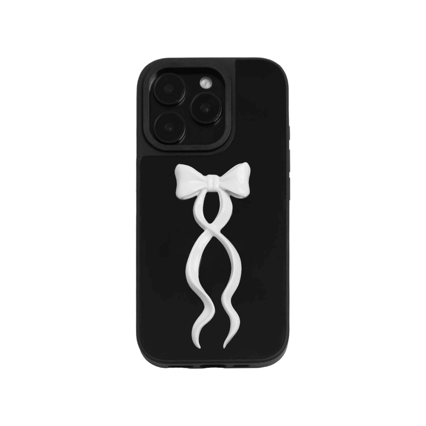 A collection of five clear or silver-based iPhone cases, each featuring a large, centered illustration of a long, stylized ribbon bow. The bows come in five colors: silver, glossy black, white, pink, and purple.