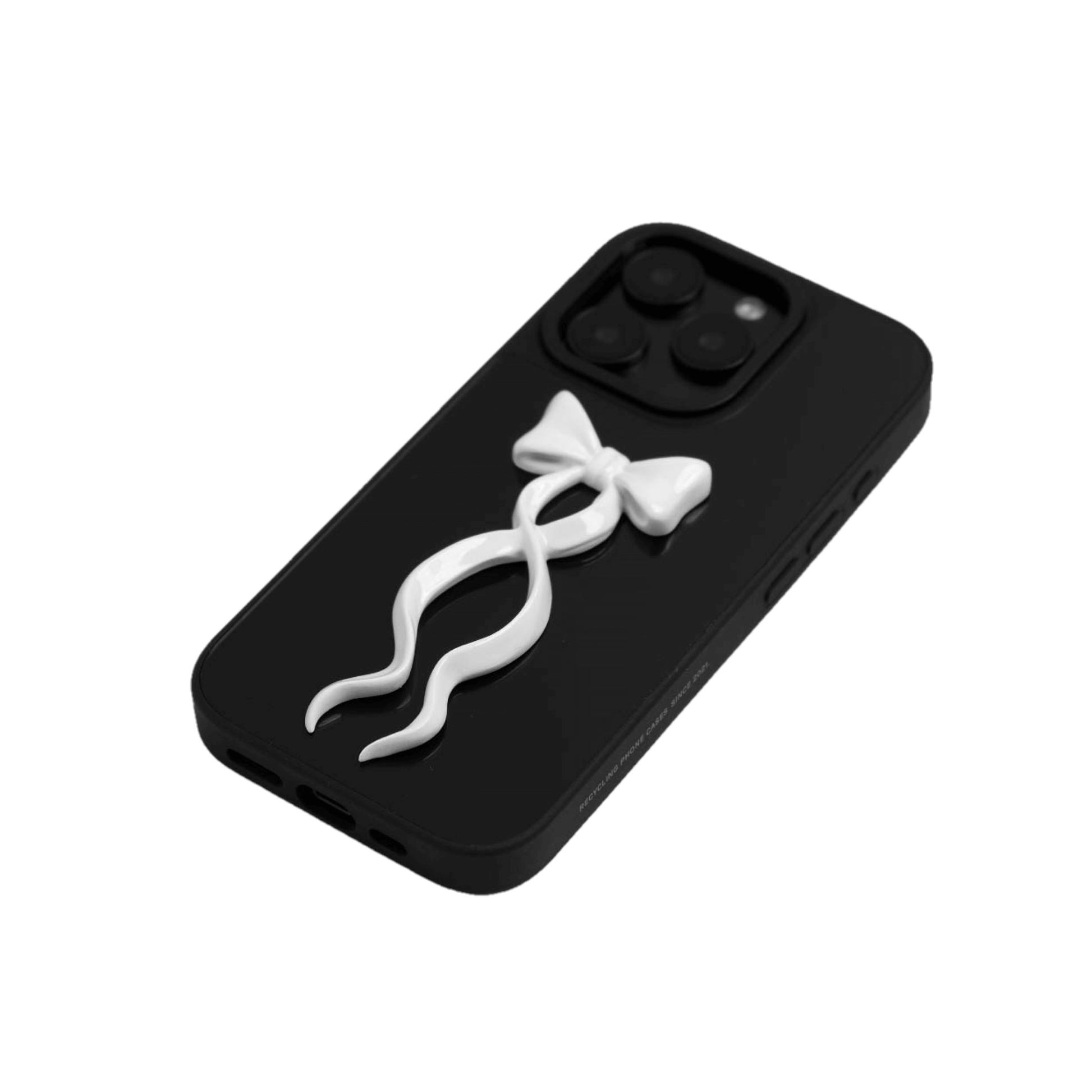A collection of five clear or silver-based iPhone cases, each featuring a large, centered illustration of a long, stylized ribbon bow. The bows come in five colors: silver, glossy black, white, pink, and purple.