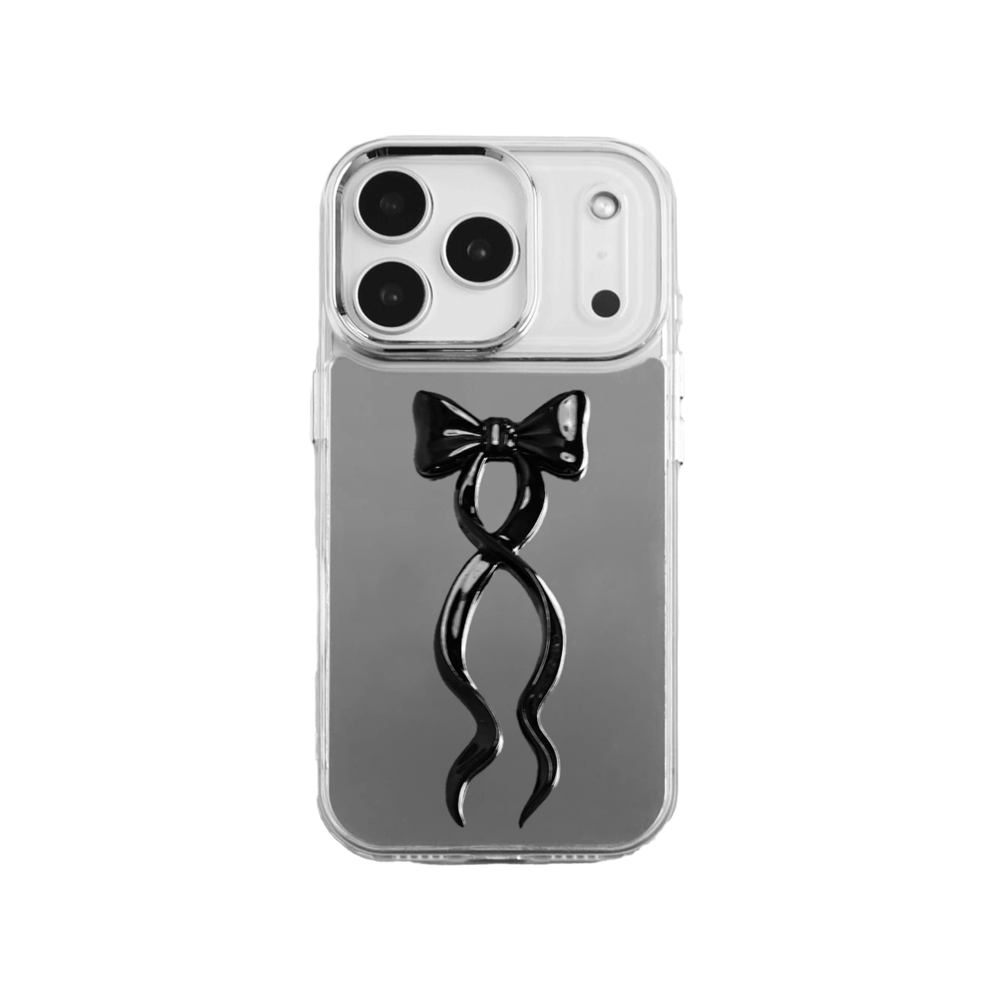 A collection of five clear or silver-based iPhone cases, each featuring a large, centered illustration of a long, stylized ribbon bow. The bows come in five colors: silver, glossy black, white, pink, and purple.