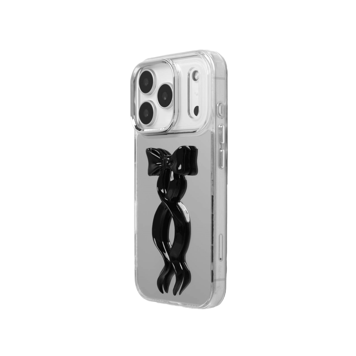 A collection of five clear or silver-based iPhone cases, each featuring a large, centered illustration of a long, stylized ribbon bow. The bows come in five colors: silver, glossy black, white, pink, and purple.