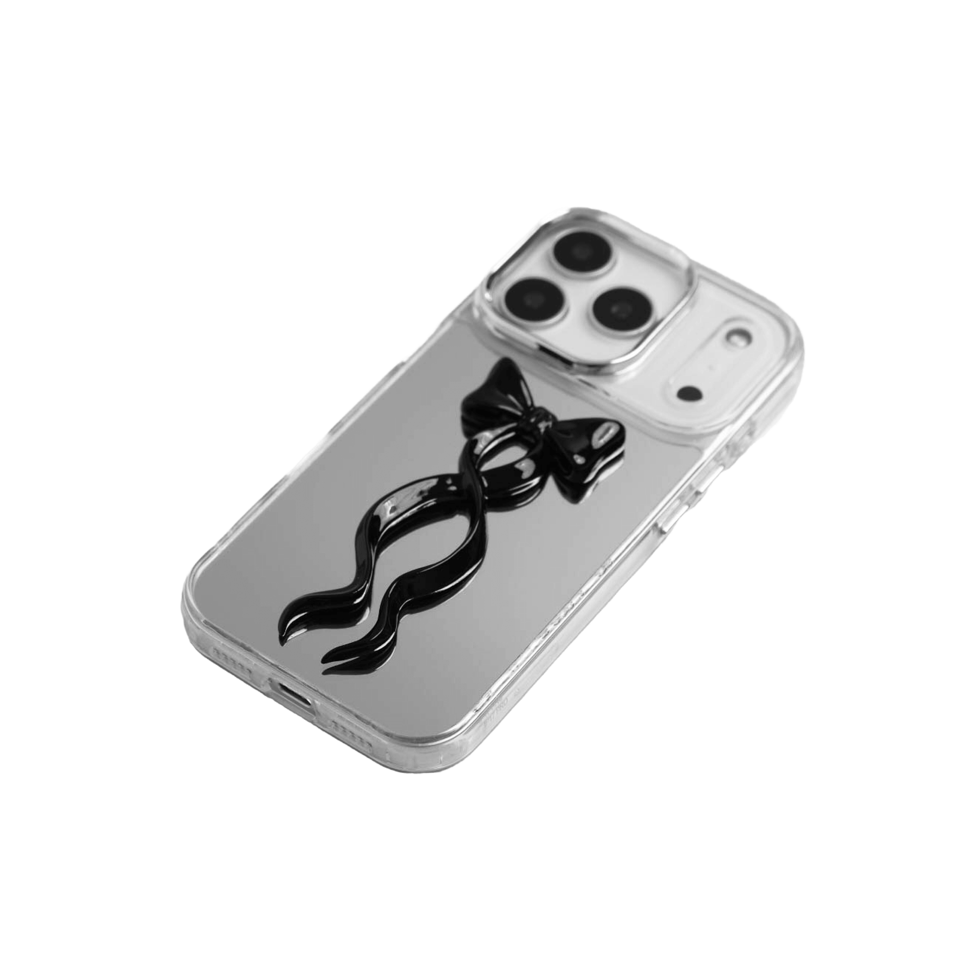 A collection of five clear or silver-based iPhone cases, each featuring a large, centered illustration of a long, stylized ribbon bow. The bows come in five colors: silver, glossy black, white, pink, and purple.