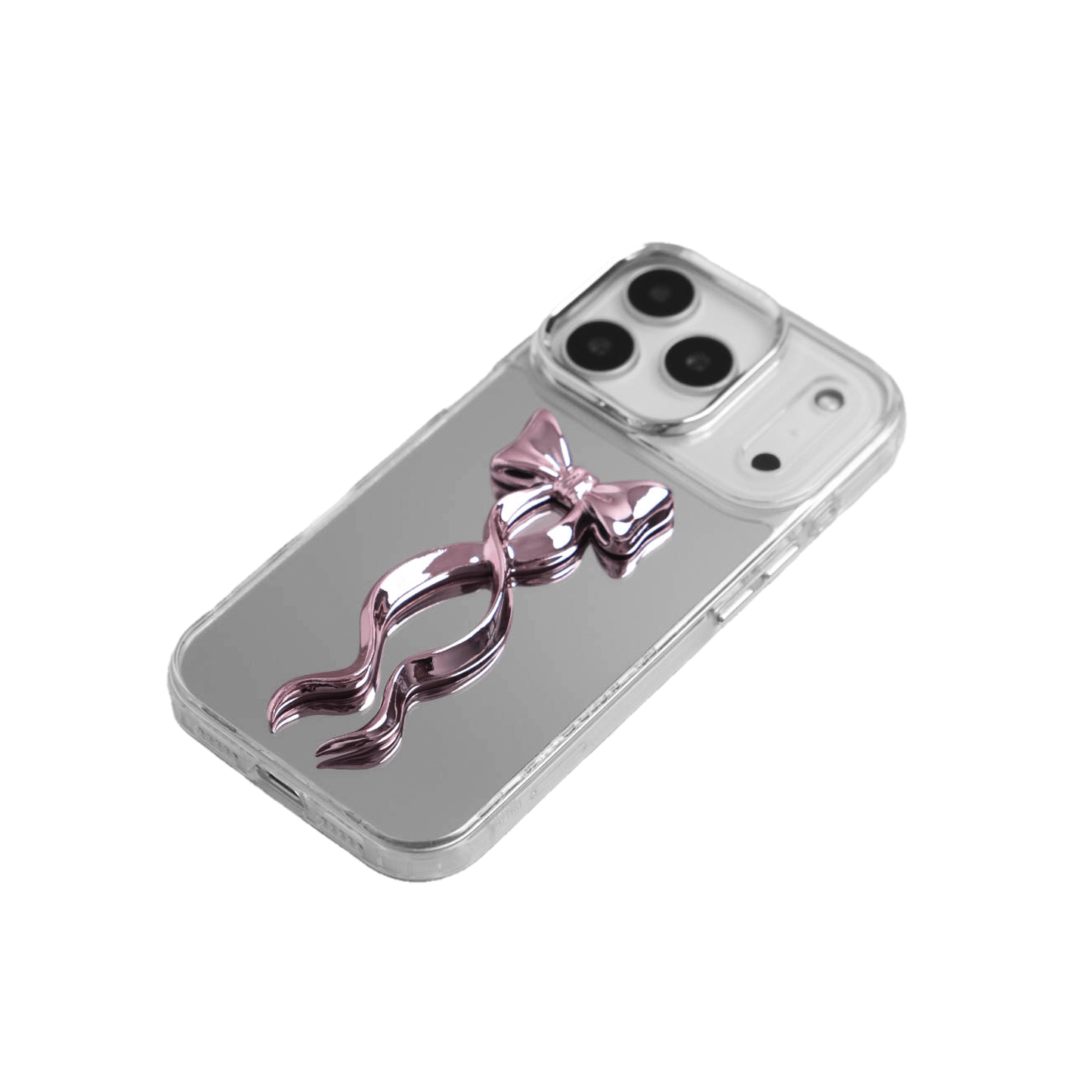 A collection of five clear or silver-based iPhone cases, each featuring a large, centered illustration of a long, stylized ribbon bow. The bows come in five colors: silver, glossy black, white, pink, and purple.