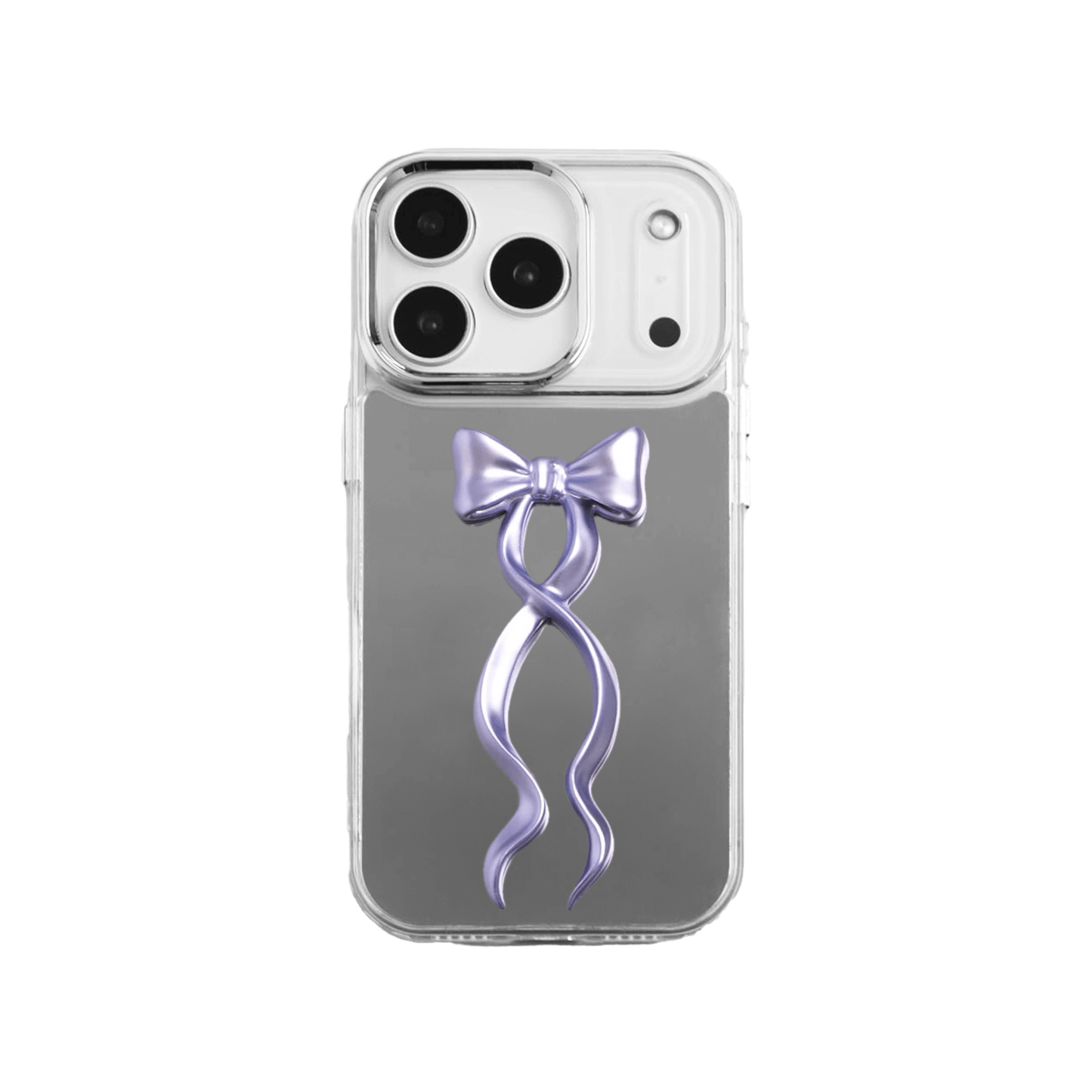 A collection of five clear or silver-based iPhone cases, each featuring a large, centered illustration of a long, stylized ribbon bow. The bows come in five colors: silver, glossy black, white, pink, and purple.