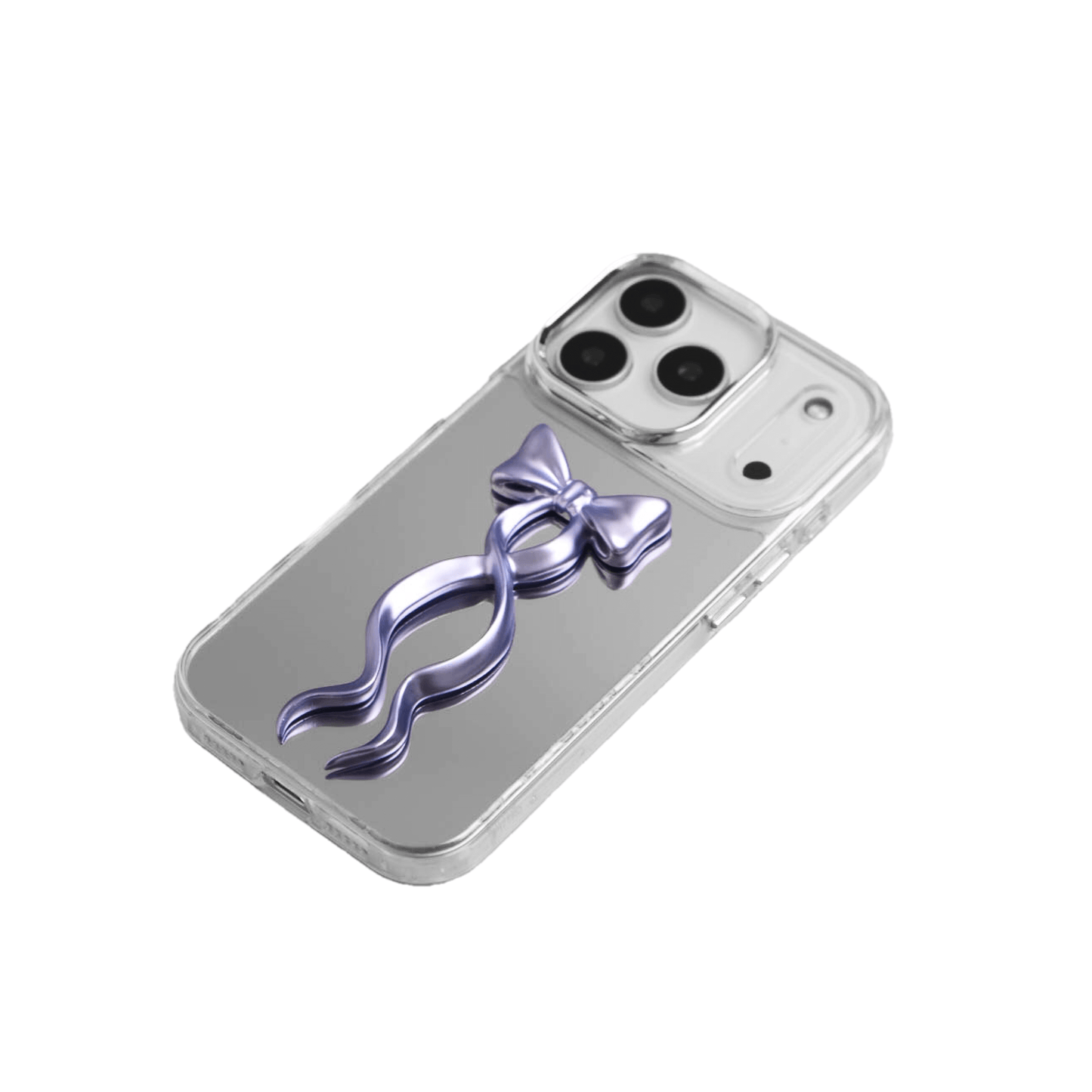 A collection of five clear or silver-based iPhone cases, each featuring a large, centered illustration of a long, stylized ribbon bow. The bows come in five colors: silver, glossy black, white, pink, and purple.