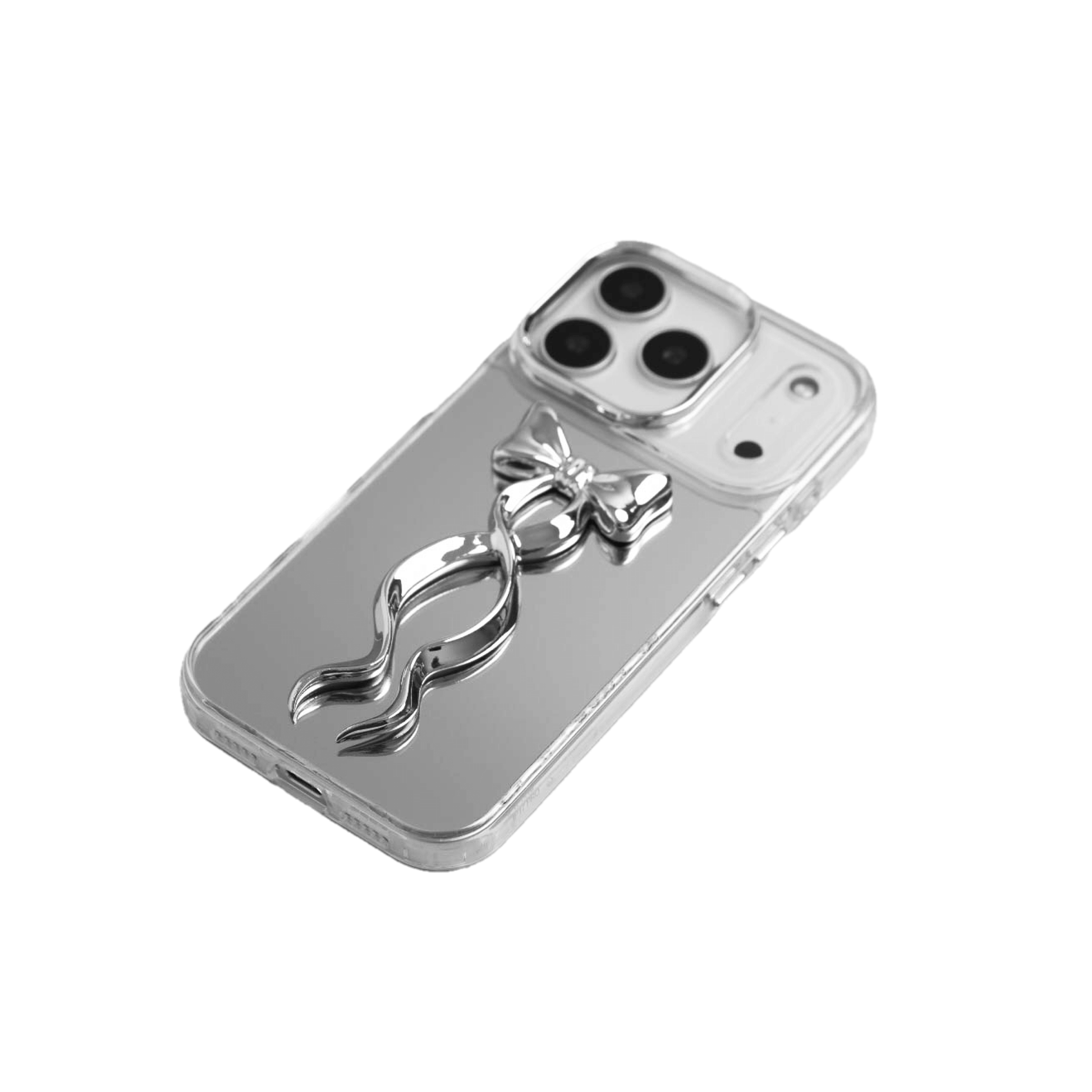 A collection of five clear or silver-based iPhone cases, each featuring a large, centered illustration of a long, stylized ribbon bow. The bows come in five colors: silver, glossy black, white, pink, and purple.