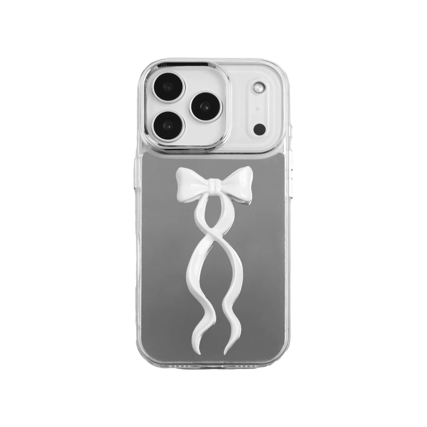 A collection of five clear or silver-based iPhone cases, each featuring a large, centered illustration of a long, stylized ribbon bow. The bows come in five colors: silver, glossy black, white, pink, and purple.