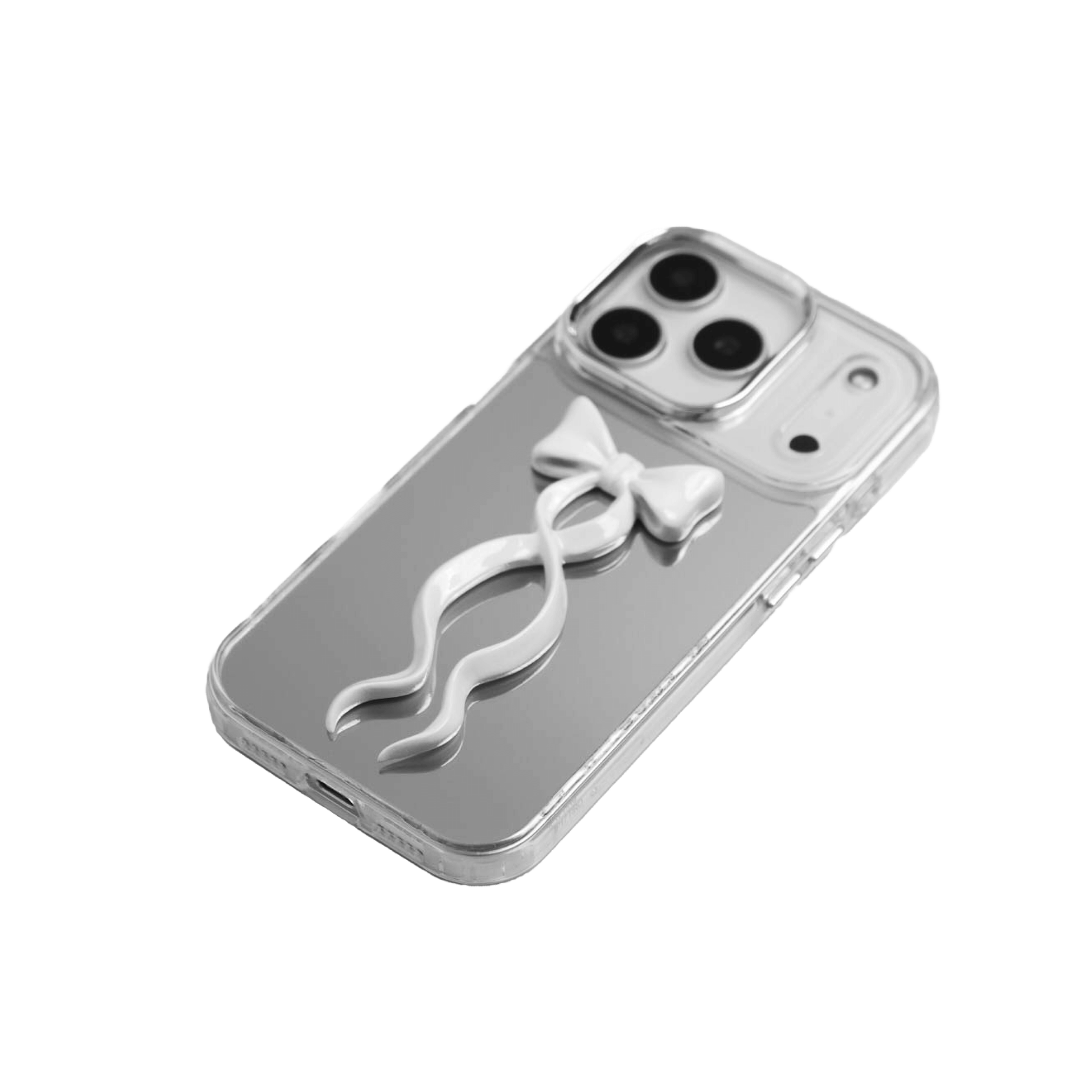 A collection of five clear or silver-based iPhone cases, each featuring a large, centered illustration of a long, stylized ribbon bow. The bows come in five colors: silver, glossy black, white, pink, and purple.