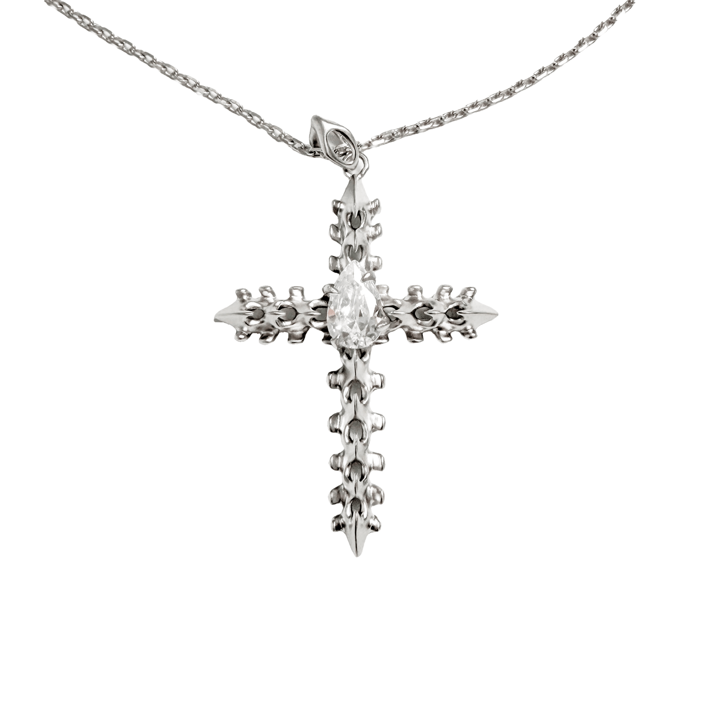 Discover the SPiNE CROSS NECKLACE, a luxurious unisex necklace featuring a distinctive skeleton-inspired cross design with diamond accents. Perfect for those seeking high-end, bold, and elegant accessories.