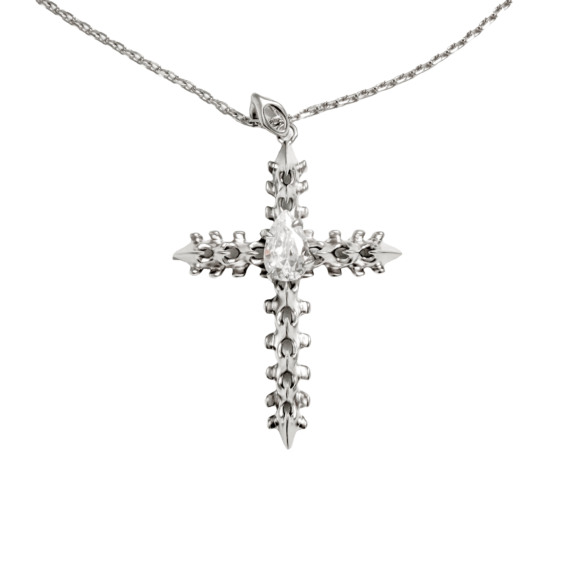 Discover the SPiNE CROSS NECKLACE, a luxurious unisex necklace featuring a distinctive skeleton-inspired cross design with diamond accents. Perfect for those seeking high-end, bold, and elegant accessories.