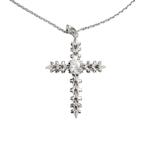 Discover the SPiNE CROSS NECKLACE, a luxurious unisex necklace featuring a distinctive skeleton-inspired cross design with diamond accents. Perfect for those seeking high-end, bold, and elegant accessories.