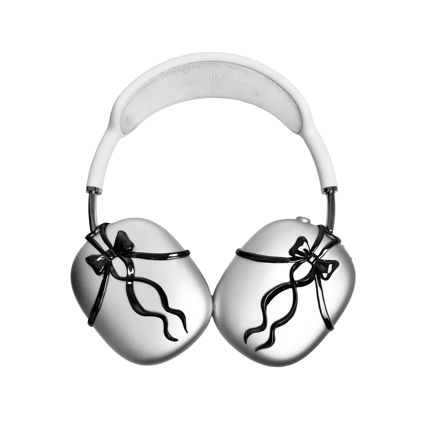 AirPods Max cover with high-polished metallic black/silver shells, featuring a flowing, monochromatic 3D ribbon design for a sophisticated, high-fashion aesthetic.