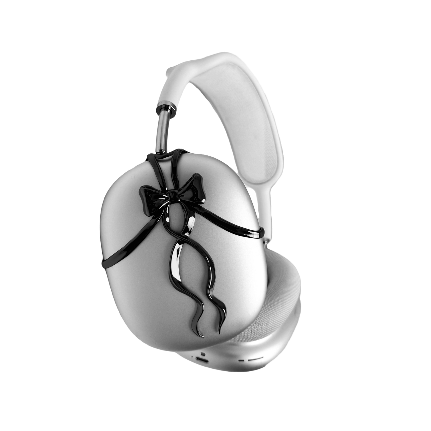 AirPods Max cover with high-polished metallic black/silver shells, featuring a flowing, monochromatic 3D ribbon design for a sophisticated, high-fashion aesthetic.