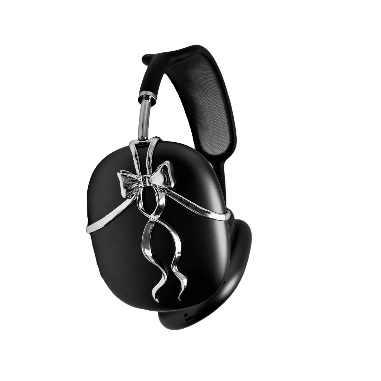 AirPods Max cover with high-polished metallic black/silver shells, featuring a flowing, monochromatic 3D ribbon design for a sophisticated, high-fashion aesthetic.