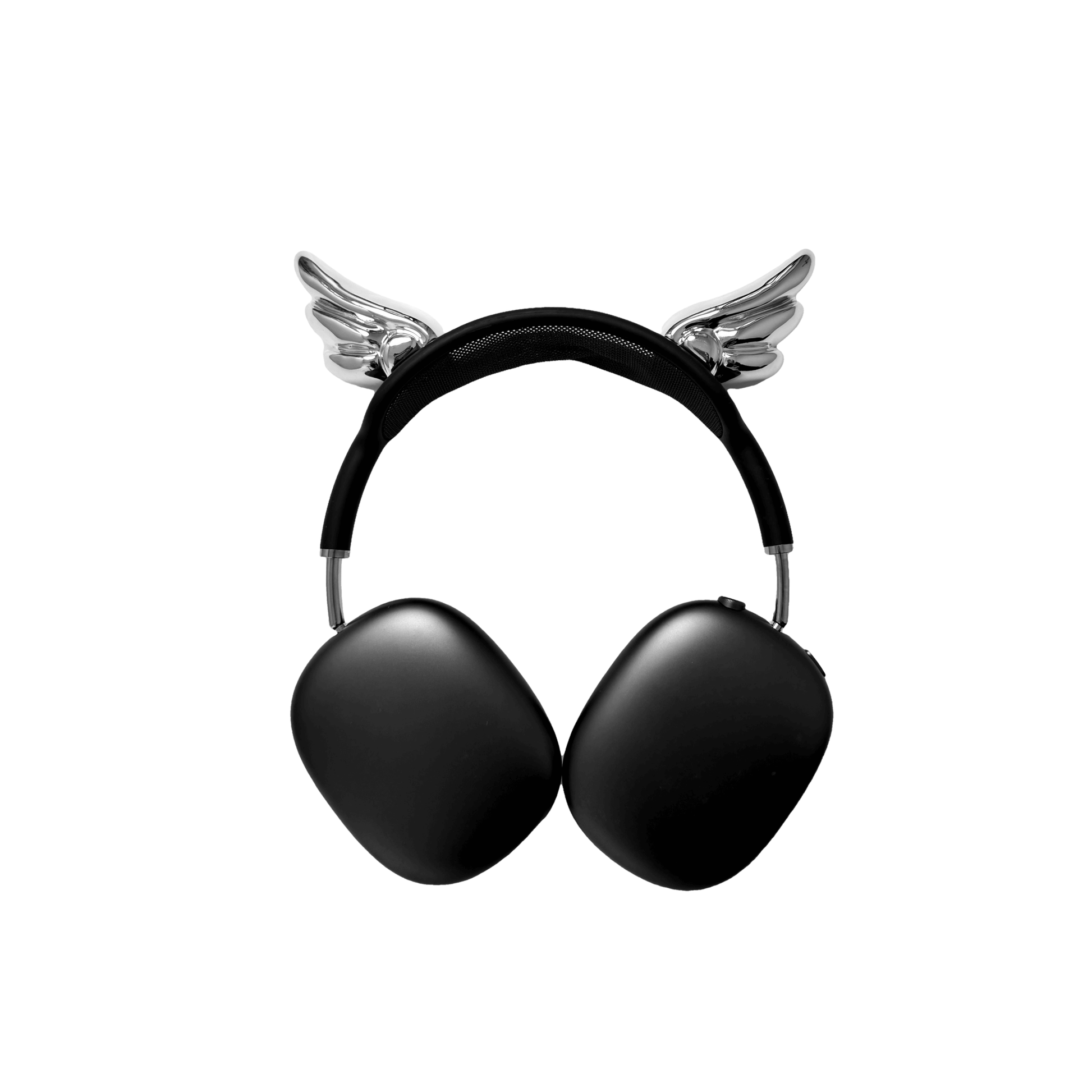 Black headphones with angel wings on a white background
