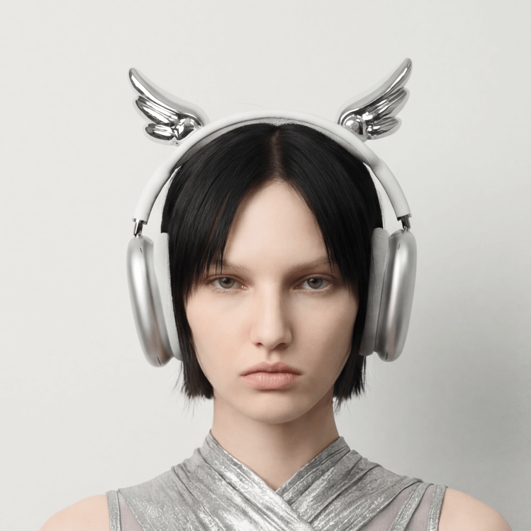 Person wearing futuristic silver headphones with horn-like extensions on a light gray background