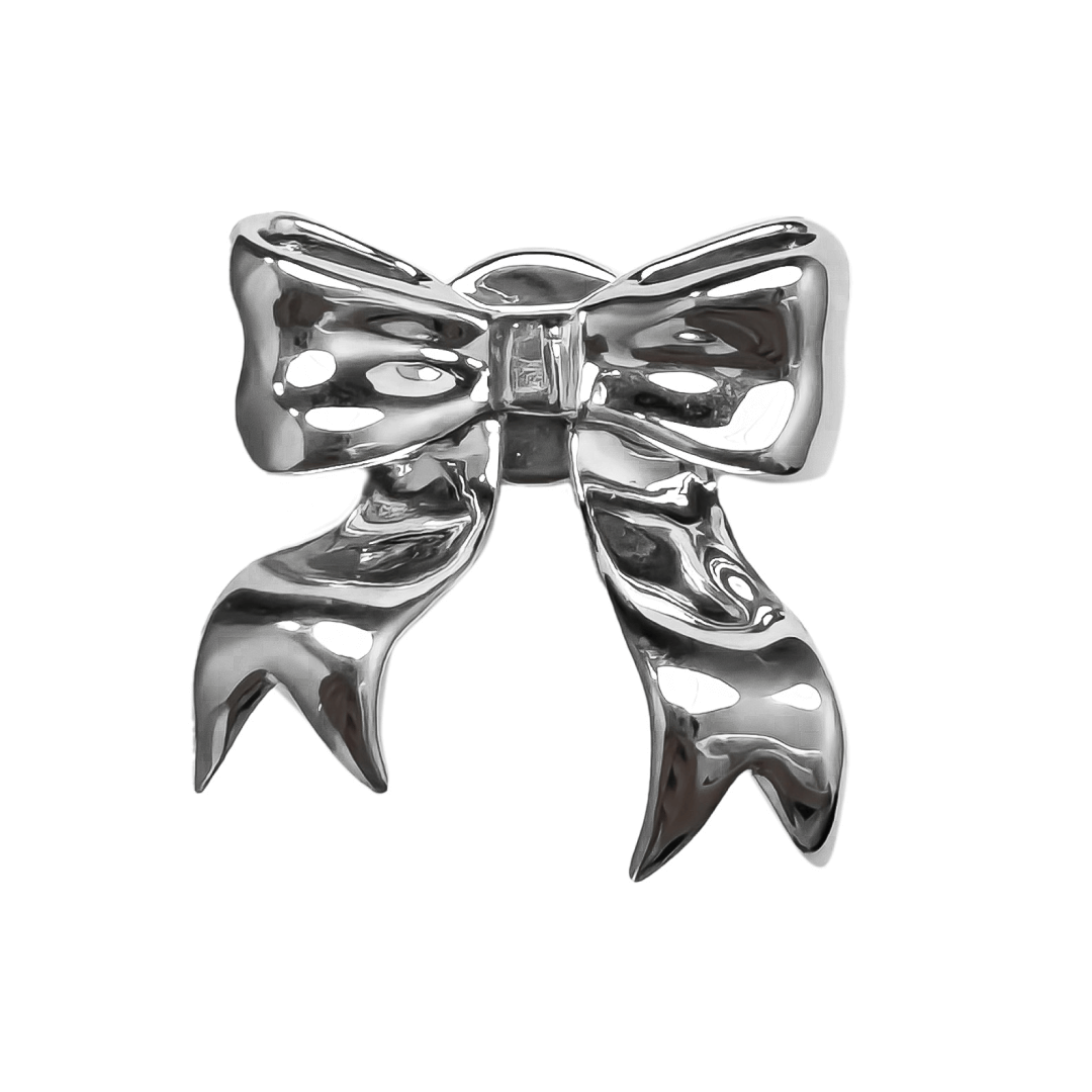 A silver metallic silken ribbon shoelace charm with flowing curves, giving a graceful and delicate accent to sneakers.