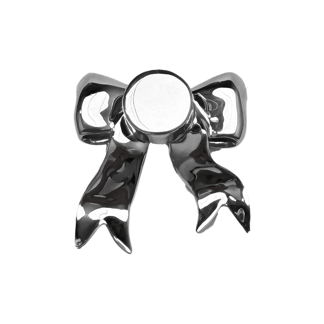 A silver metallic silken ribbon shoelace charm with flowing curves, giving a graceful and delicate accent to sneakers.