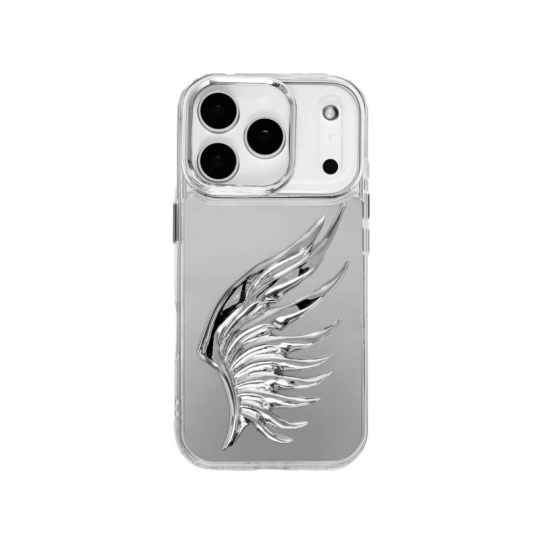 The Sculpted Silver Feather iPhone Case featuring a single 3D metallic feather with an intricate texture and high-shine chrome finish. Shown in three base variations: Silver, Transparent, and Black.