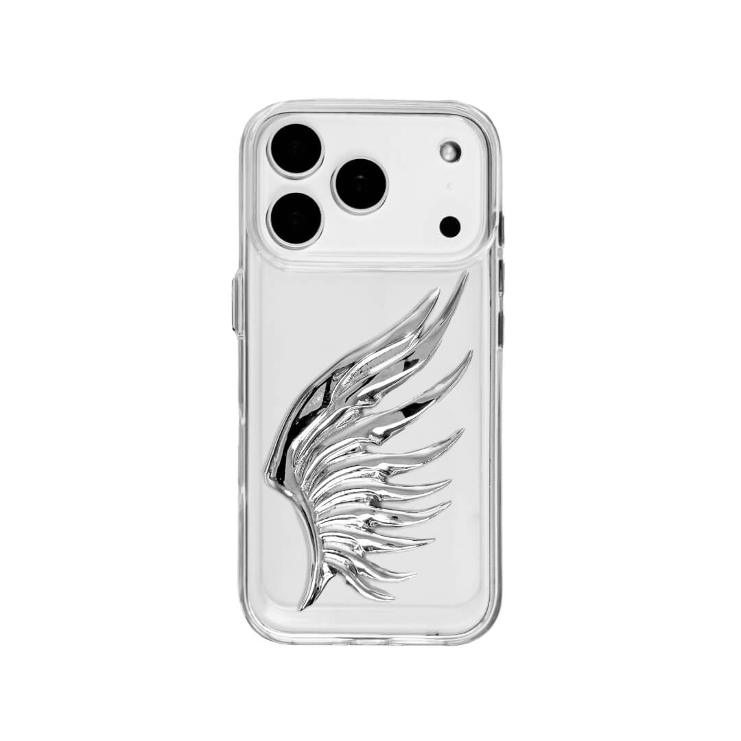 The Sculpted Silver Feather iPhone Case featuring a single 3D metallic feather with an intricate texture and high-shine chrome finish. Shown in three base variations: Silver, Transparent, and Black.