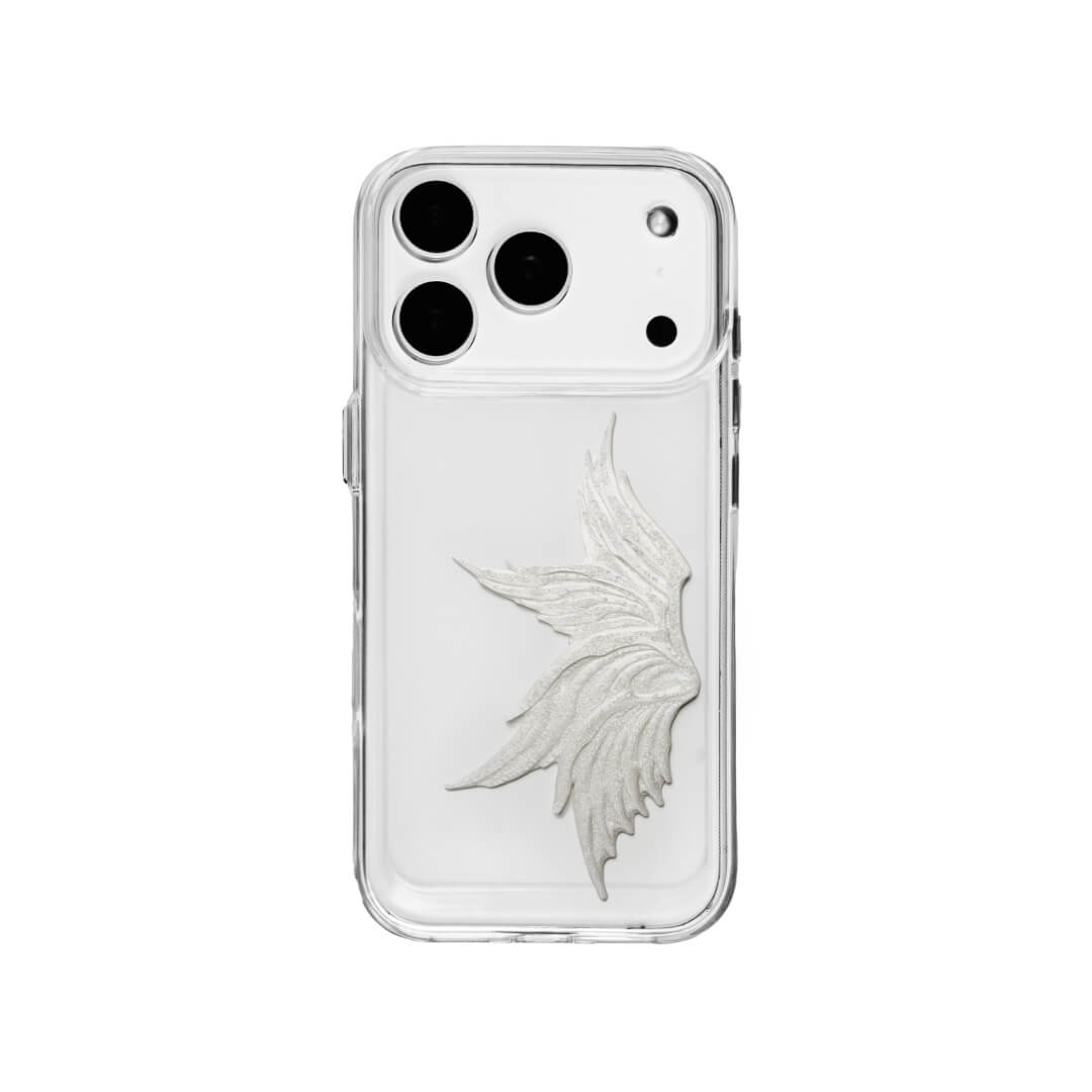 The Sculpted Single Wing iPhone Case featuring a dynamic 3D sculpted wing on one side, shown on both the Crystal Clear (Transparent) and White Leather Texture base options.