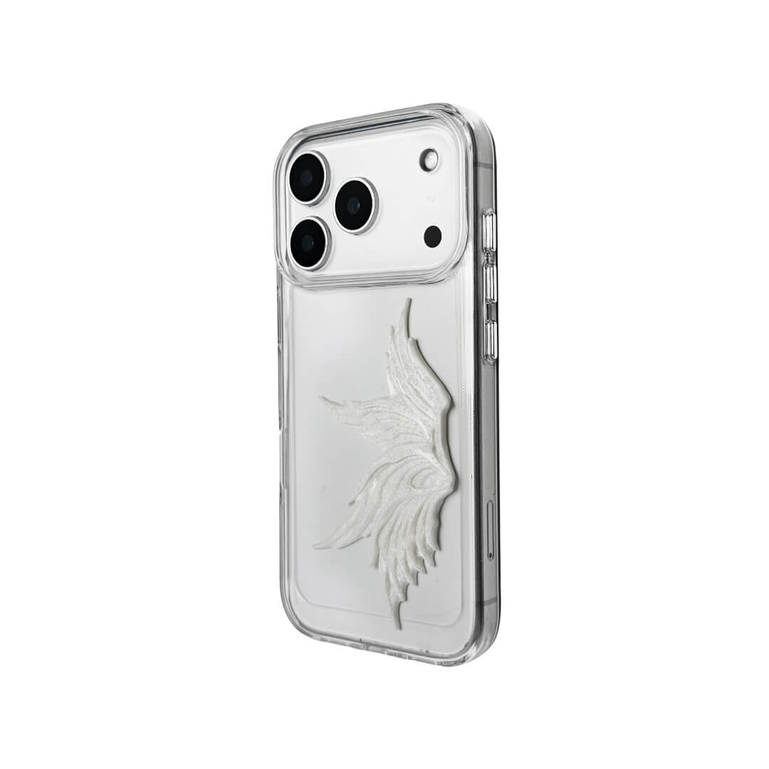 The Sculpted Single Wing iPhone Case featuring a dynamic 3D sculpted wing on one side, shown on both the Crystal Clear (Transparent) and White Leather Texture base options.