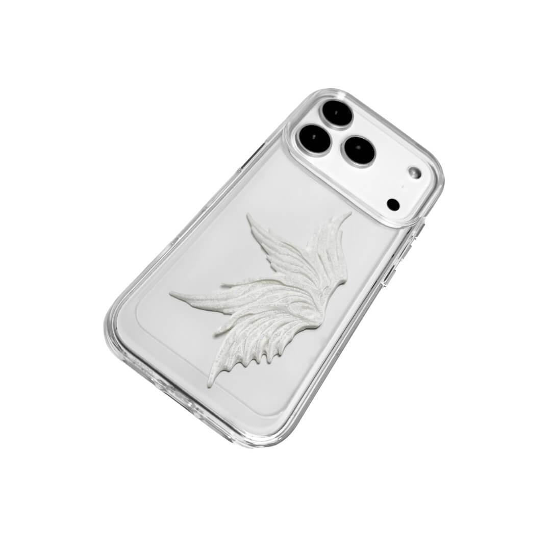 The Sculpted Single Wing iPhone Case featuring a dynamic 3D sculpted wing on one side, shown on both the Crystal Clear (Transparent) and White Leather Texture base options.