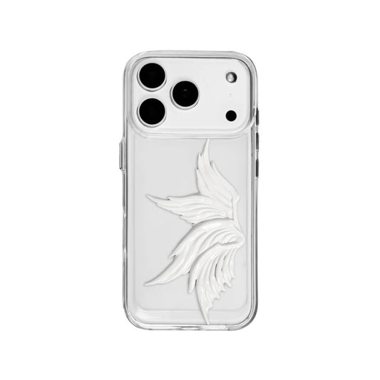 Single angel-wing iPhone case with a painted sculpted wing design, available in transparent and white leather-textured bases.