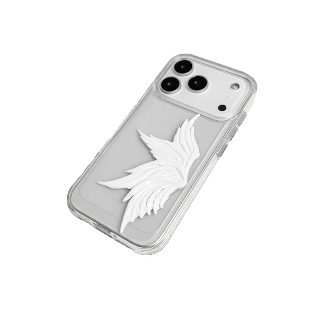 Single angel-wing iPhone case with a painted sculpted wing design, available in transparent and white leather-textured bases.