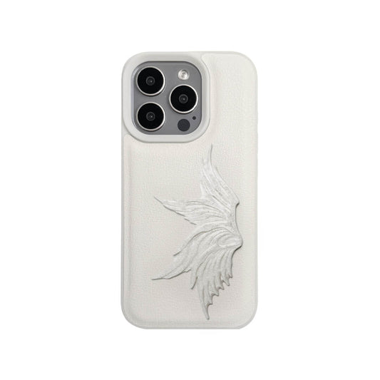 The Sculpted Single Wing iPhone Case featuring a dynamic 3D sculpted wing on one side, shown on both the Crystal Clear (Transparent) and White Leather Texture base options.