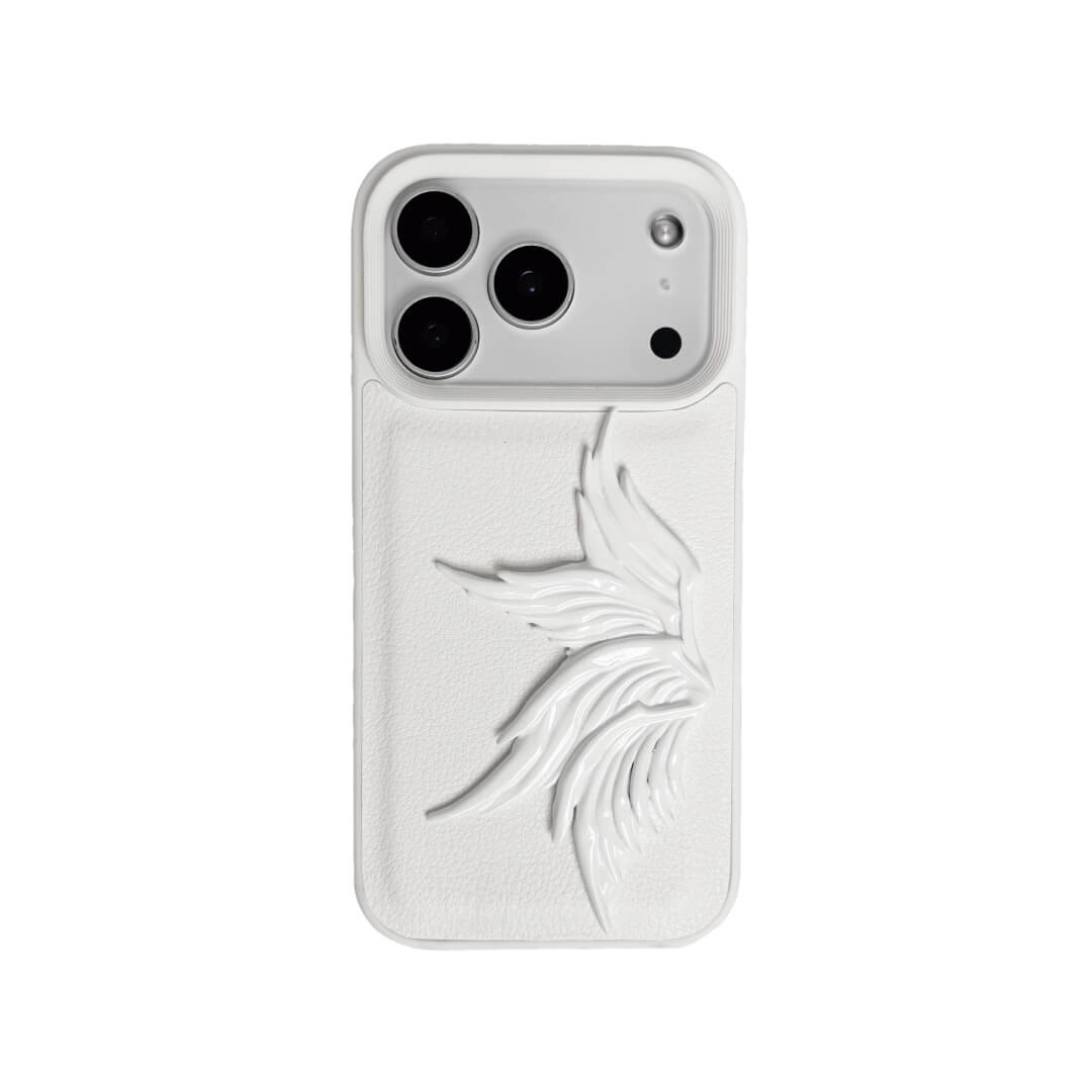 Single angel-wing iPhone case with a painted sculpted wing design, available in transparent and white leather-textured bases.