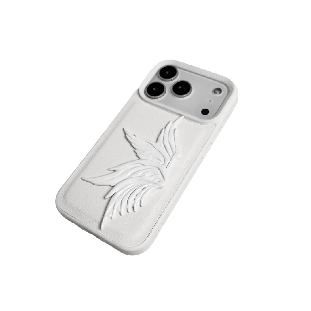 Single angel-wing iPhone case with a painted sculpted wing design, available in transparent and white leather-textured bases.