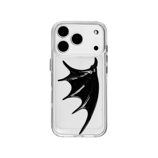 A 3D sculpted demon wing iPhone case with a raised black wing design, shown in both a transparent version and a black leather-textured version.