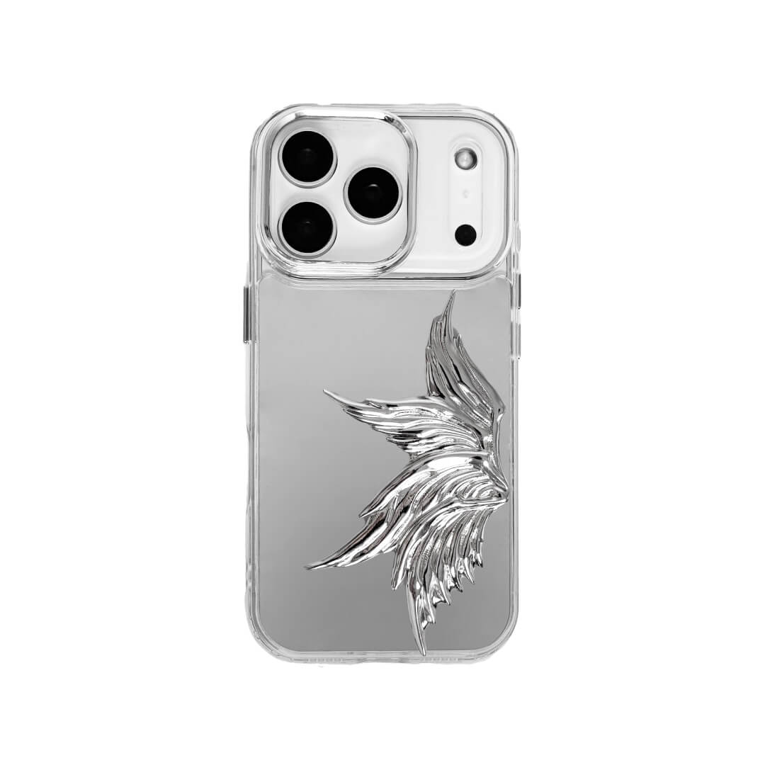 The Single Silver Angel Wing iPhone Case featuring a 3D sculpted silver metallic wing positioned on one side with an intricate feathered texture and high-shine chrome finish. Shown in three base variations: Silver, Transparent, and Black.