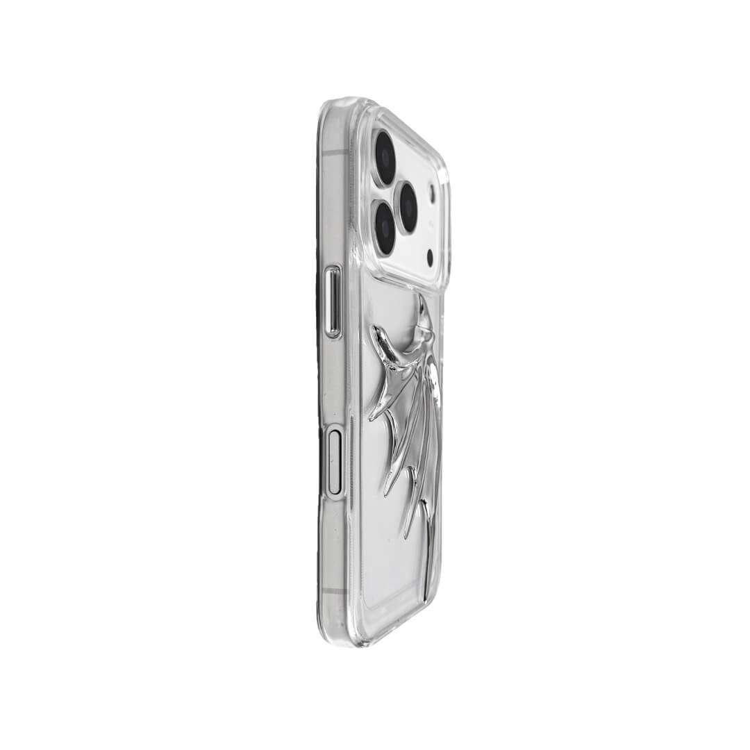 The Single Silver Demon Wing iPhone Case featuring a 3D sculpted silver metallic wing positioned on one side with a high-shine chrome finish. Shown in three base variations: Silver, Transparent, and Black.