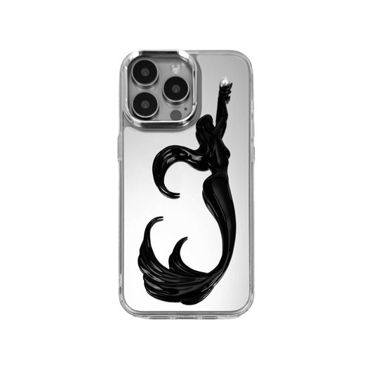 3D embossed mermaid figure arching upward with an outstretched arm, holding a pearl, sculpted on matte iPhone case.