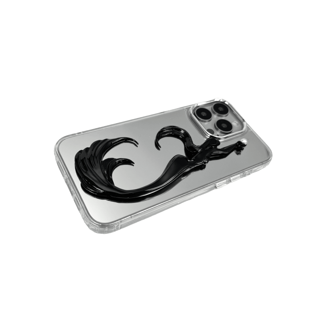 3D embossed mermaid figure arching upward with an outstretched arm, holding a pearl, sculpted on matte iPhone case.
