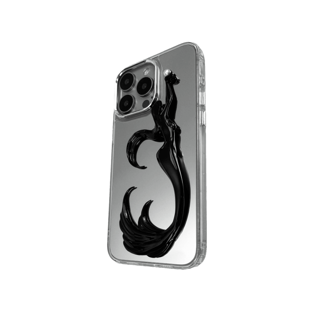 3D embossed mermaid figure arching upward with an outstretched arm, holding a pearl, sculpted on matte iPhone case.