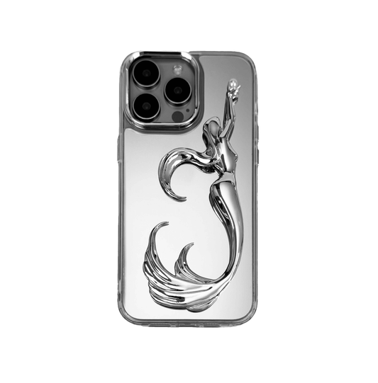 3D embossed mermaid figure arching upward with an outstretched arm, holding a pearl, sculpted on matte iPhone case.