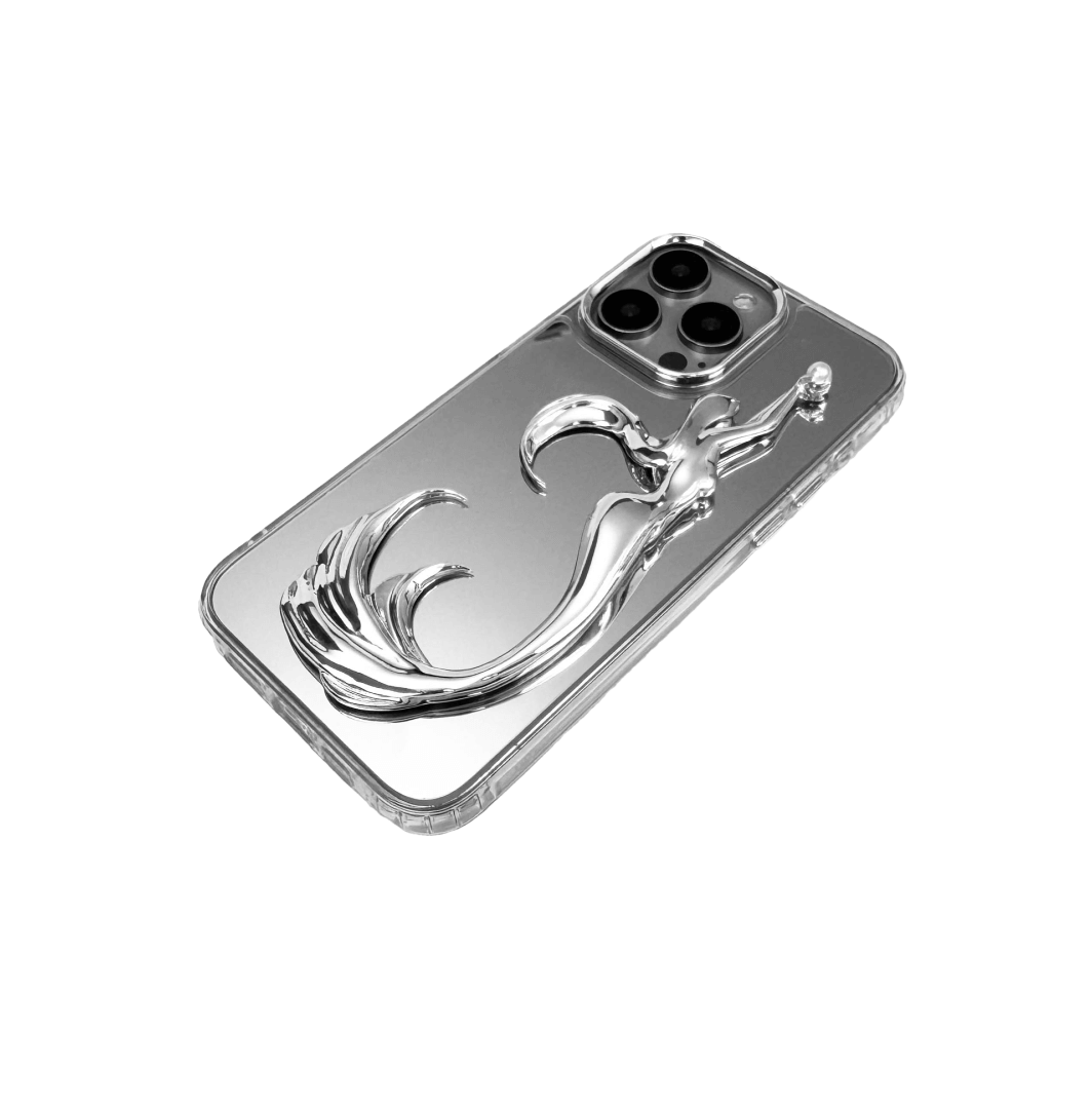 3D embossed mermaid figure arching upward with an outstretched arm, holding a pearl, sculpted on matte iPhone case.