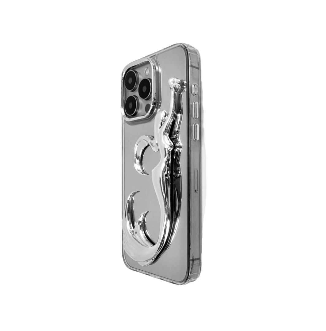 3D embossed mermaid figure arching upward with an outstretched arm, holding a pearl, sculpted on matte iPhone case.