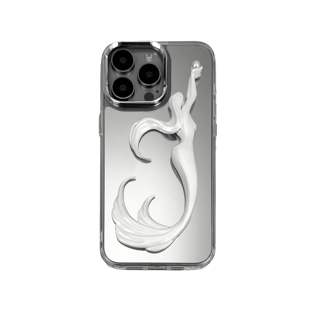 3D embossed mermaid figure arching upward with an outstretched arm, holding a pearl, sculpted on matte iPhone case.