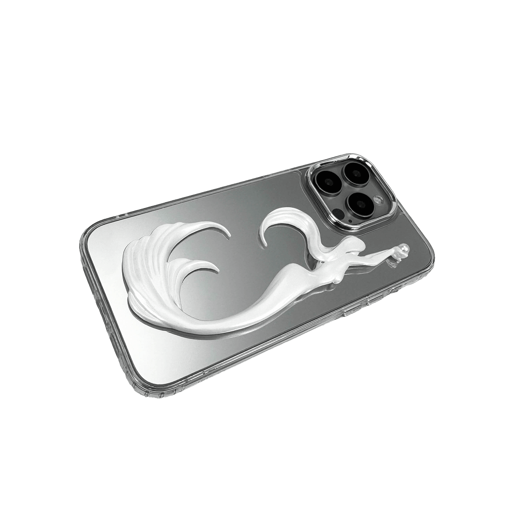 3D embossed mermaid figure arching upward with an outstretched arm, holding a pearl, sculpted on matte iPhone case.