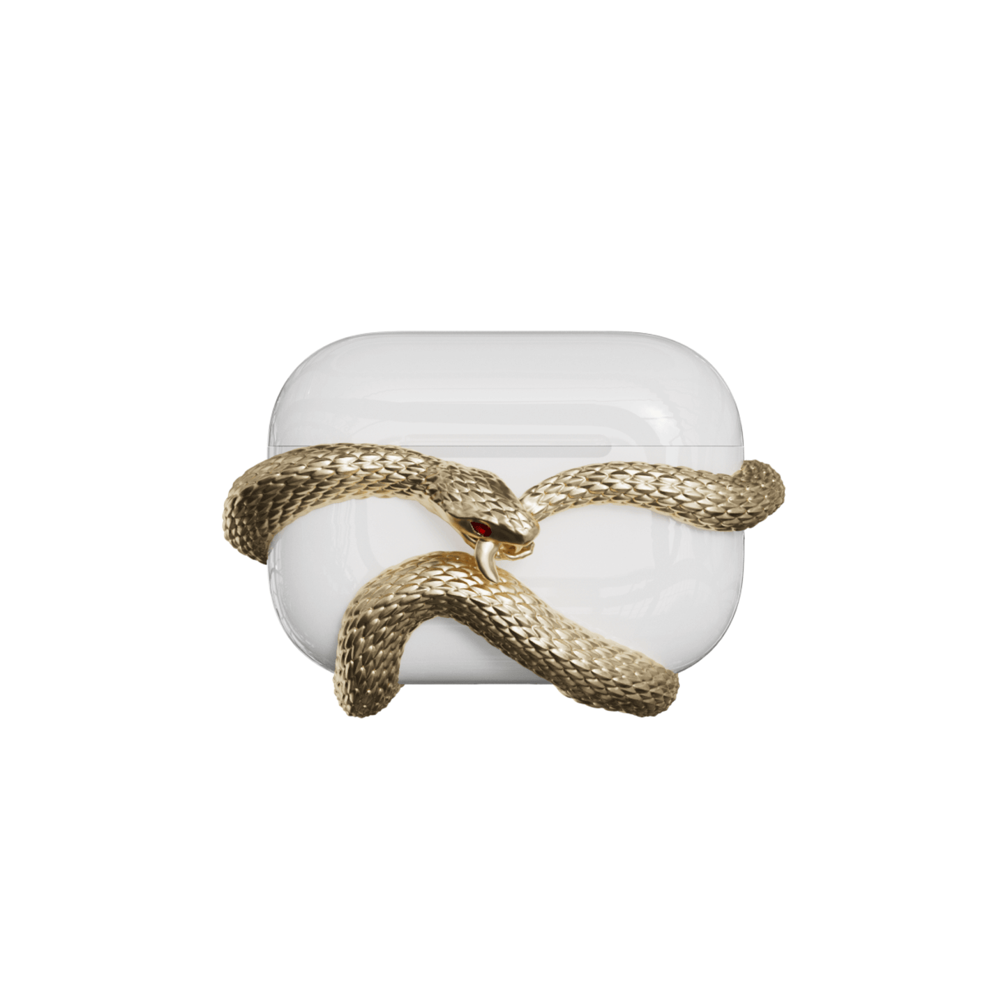 airpods cover, snake, silver, gold, xtended identity: Luxurious golden snake coiled around an AirPods case, featuring intricate scale detailing and a high-shine 18K gold-plated platinum finish.
AirPodsケースに巻き付いた豪華な黄金の蛇。繊細な鱗のディテールと、輝く18K金メッキ（プラチナベース）仕上げ。