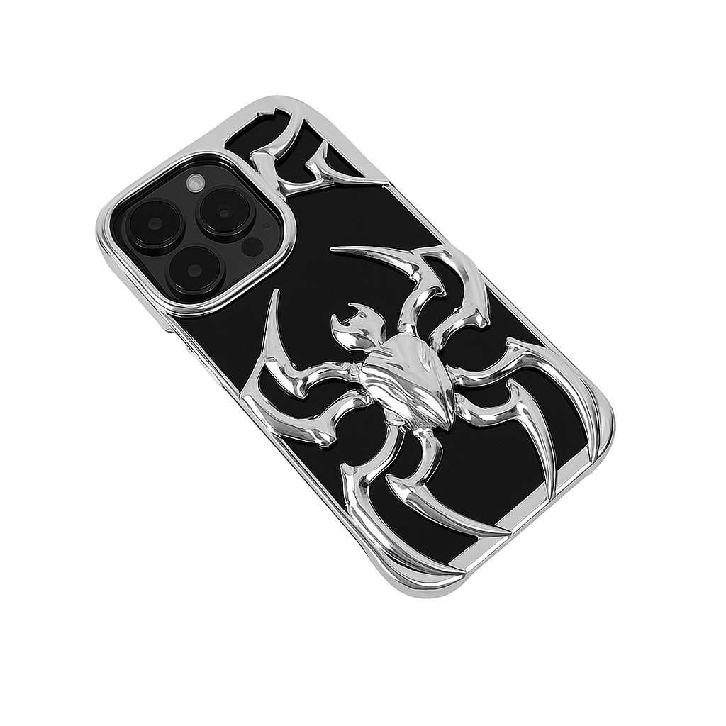 Futuristic silver spider iPhone case with bold 3D metallic spider design and sharp angular legs wrapping around a black base – perfect for edgy, cyber-inspired looks.